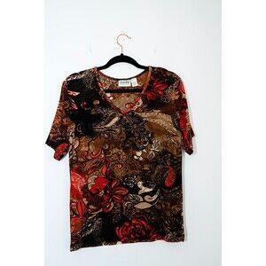 Chico's Travelers 1 M brown floral retro v-neck pullover short sleeve top